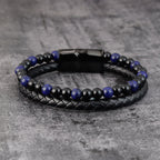 Fortune Jewel Black Onyx Lazurite Lapis Lazuli Titanium Steel Positive Self Care Leather Bracelet - Fortune Jewel