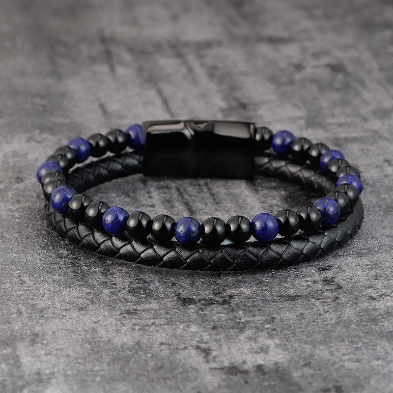 Fortune Jewel Black Onyx Lazurite Lapis Lazuli Titanium Steel Positive Self Care Leather Bracelet - Fortune Jewel