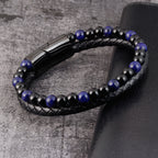 Fortune Jewel Black Onyx Lazurite Lapis Lazuli Titanium Steel Positive Self Care Leather Bracelet - Fortune Jewel
