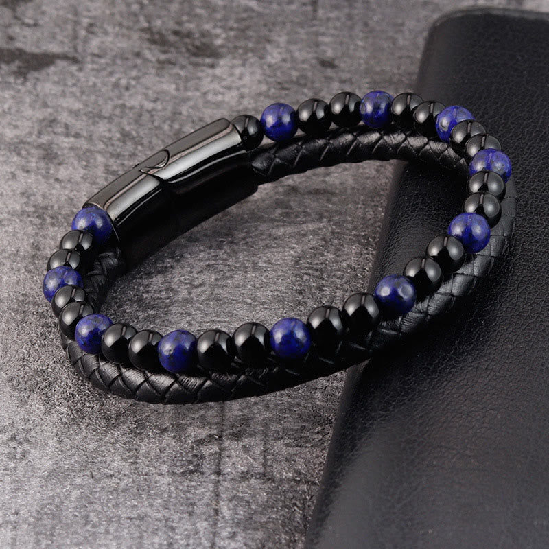 Fortune Jewel Black Onyx Lazurite Lapis Lazuli Titanium Steel Positive Self Care Leather Bracelet - Fortune Jewel