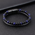 Fortune Jewel Black Onyx Lazurite Lapis Lazuli Titanium Steel Positive Self Care Leather Bracelet - Fortune Jewel
