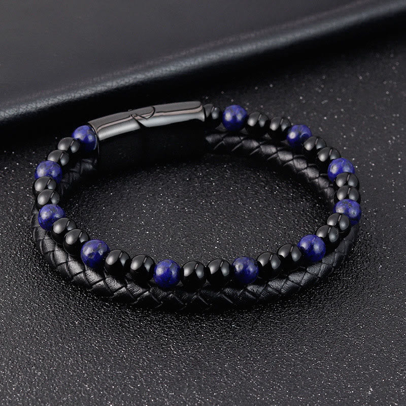 Fortune Jewel Black Onyx Lazurite Lapis Lazuli Titanium Steel Positive Self Care Leather Bracelet - Fortune Jewel