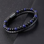 Fortune Jewel Black Onyx Lazurite Lapis Lazuli Titanium Steel Positive Self Care Leather Bracelet - Fortune Jewel