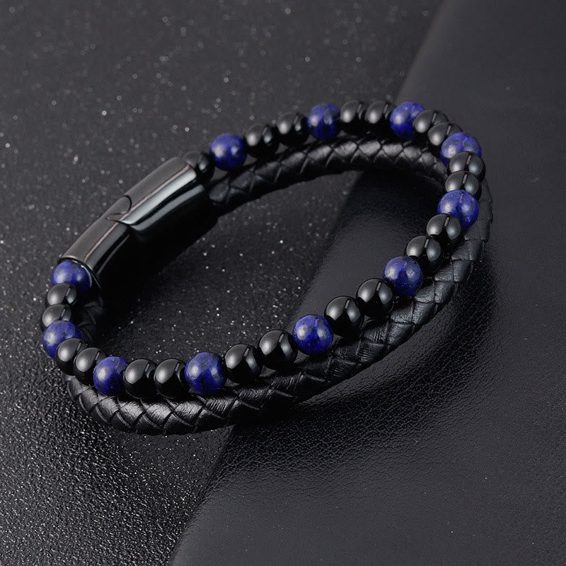 Fortune Jewel Black Onyx Lazurite Lapis Lazuli Titanium Steel Positive Self Care Leather Bracelet - Fortune Jewel