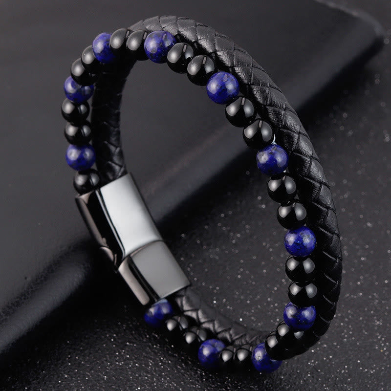 Fortune Jewel Black Onyx Lazurite Lapis Lazuli Titanium Steel Positive Self Care Leather Bracelet - Fortune Jewel