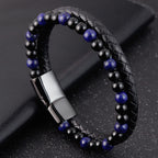 Fortune Jewel Black Onyx Lazurite Lapis Lazuli Titanium Steel Positive Self Care Leather Bracelet - Fortune Jewel