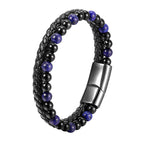 Fortune Jewel Black Onyx Lazurite Lapis Lazuli Titanium Steel Positive Self Care Leather Bracelet - Fortune Jewel