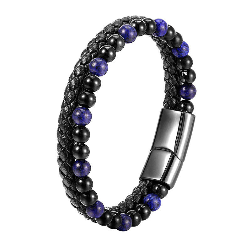 Fortune Jewel Black Onyx Lazurite Lapis Lazuli Titanium Steel Positive Self Care Leather Bracelet - Fortune Jewel
