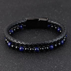 Fortune Jewel Black Onyx Lazurite Lapis Lazuli Titanium Steel Positive Self Care Leather Bracelet - Fortune Jewel