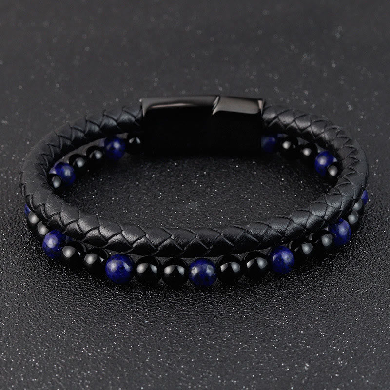 Fortune Jewel Black Onyx Lazurite Lapis Lazuli Titanium Steel Positive Self Care Leather Bracelet - Fortune Jewel