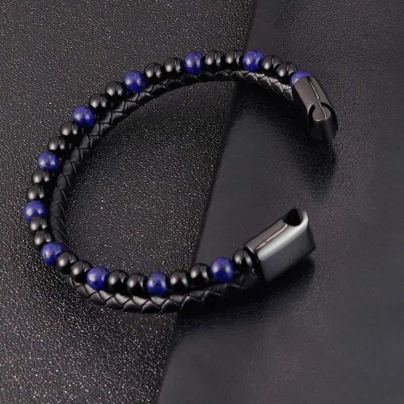 Fortune Jewel Black Onyx Lazurite Lapis Lazuli Titanium Steel Positive Self Care Leather Bracelet - Fortune Jewel