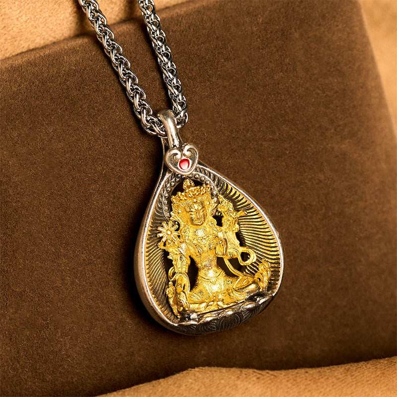 Fortune Jewel Green Tara Shakyamuni Buddha Copper Plated Silver Curb Chain Luck Pendant Necklace - Fortune Jewel
