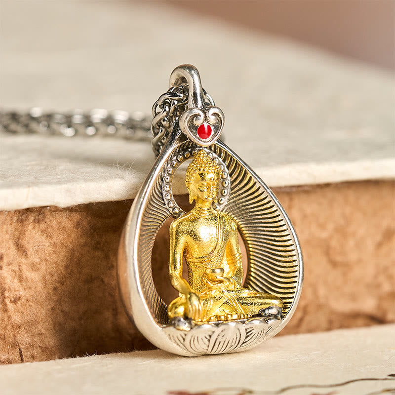 Fortune Jewel Green Tara Shakyamuni Buddha Copper Plated Silver Curb Chain Luck Pendant Necklace - Fortune Jewel
