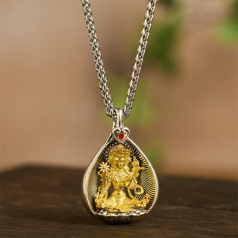 Fortune Jewel Green Tara Shakyamuni Buddha Copper Plated Silver Curb Chain Luck Pendant Necklace - Fortune Jewel
