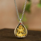 Fortune Jewel Green Tara Shakyamuni Buddha Copper Plated Silver Curb Chain Luck Pendant Necklace - Fortune Jewel