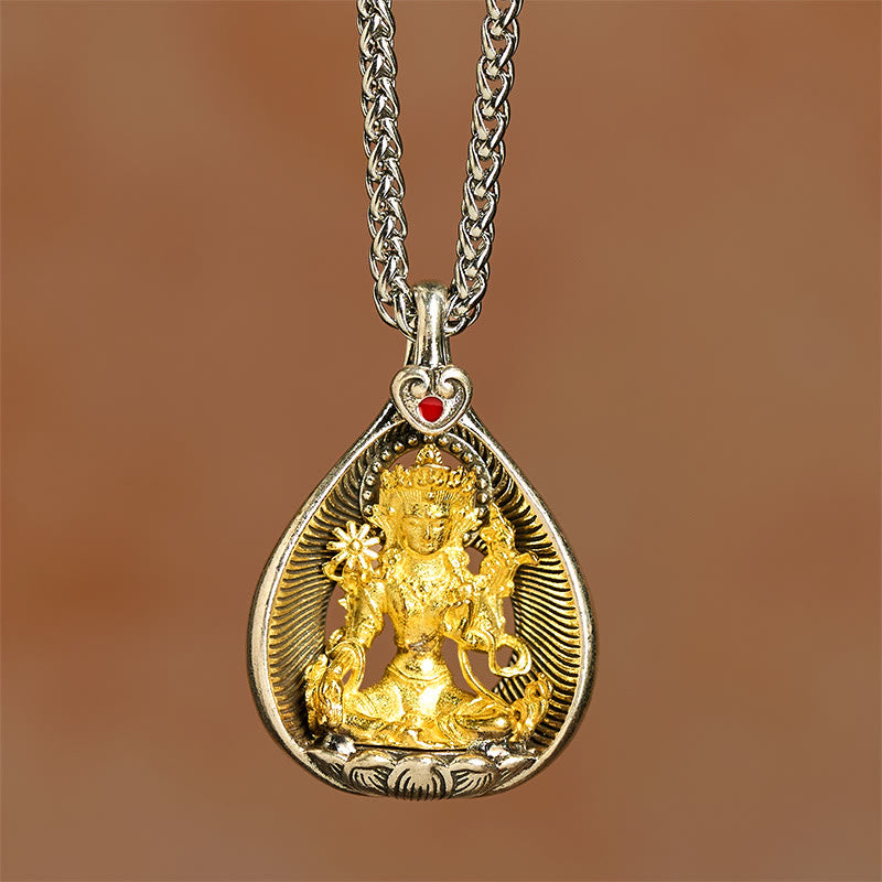 Fortune Jewel Green Tara Shakyamuni Buddha Copper Plated Silver Curb Chain Luck Pendant Necklace - Fortune Jewel