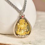 Fortune Jewel Green Tara Shakyamuni Buddha Copper Plated Silver Curb Chain Luck Pendant Necklace - Fortune Jewel