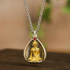 Fortune Jewel Green Tara Shakyamuni Buddha Copper Plated Silver Curb Chain Luck Pendant Necklace - Fortune Jewel