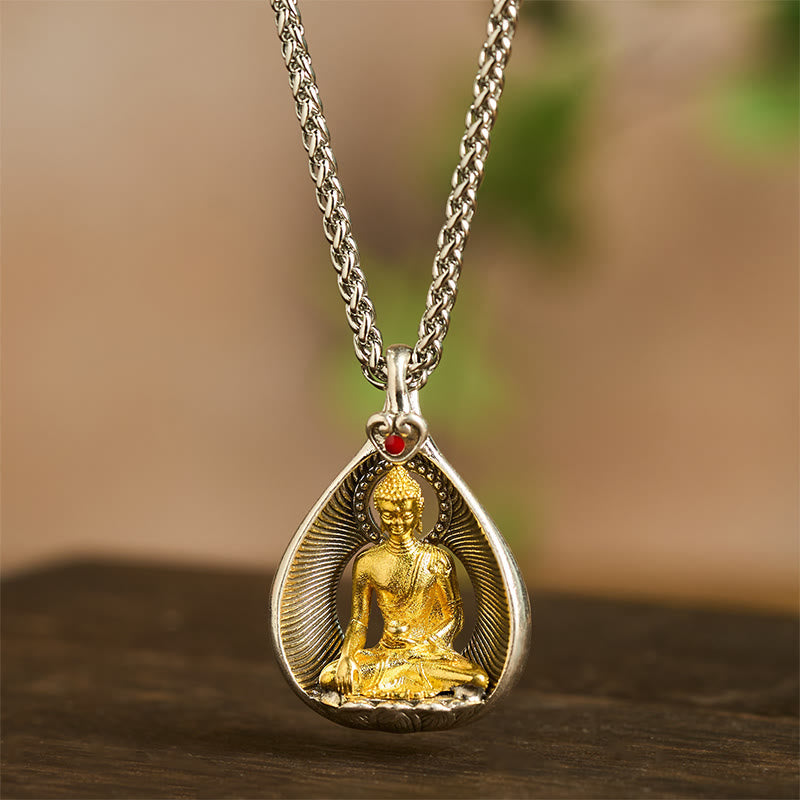 Fortune Jewel Green Tara Shakyamuni Buddha Copper Plated Silver Curb Chain Luck Pendant Necklace - Fortune Jewel
