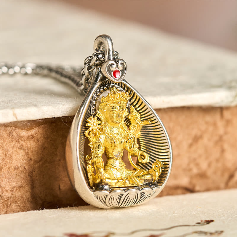 Fortune Jewel Green Tara Shakyamuni Buddha Copper Plated Silver Curb Chain Luck Pendant Necklace - Fortune Jewel