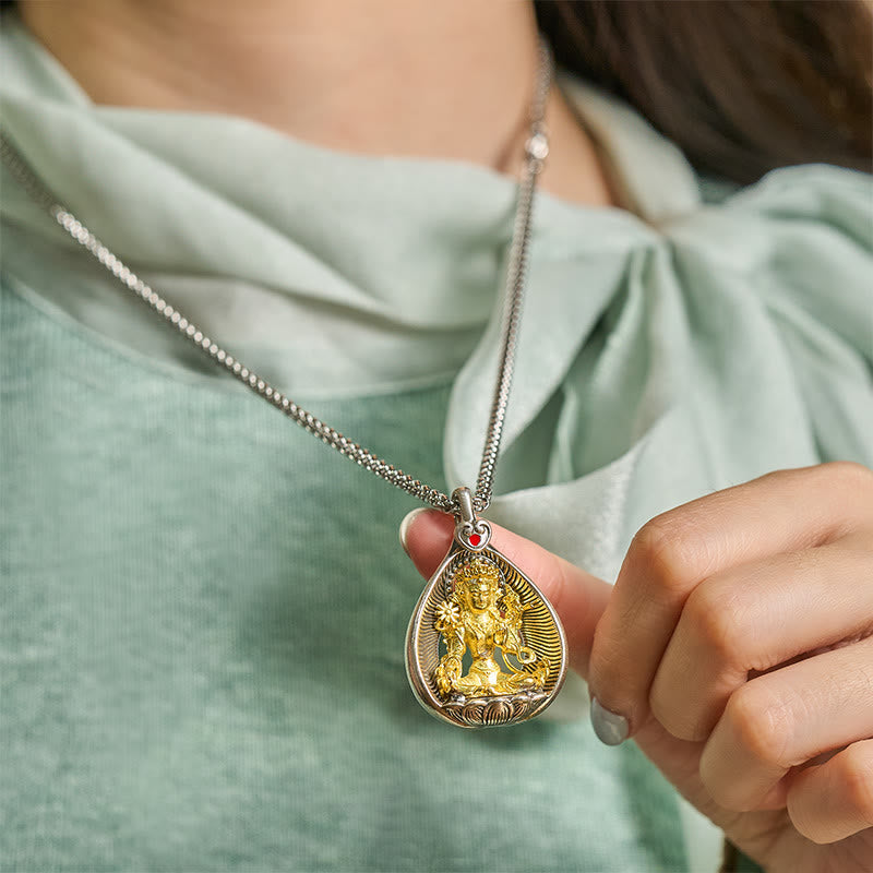 Fortune Jewel Green Tara Shakyamuni Buddha Copper Plated Silver Curb Chain Luck Pendant Necklace - Fortune Jewel