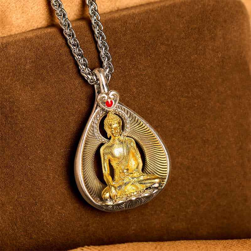 Fortune Jewel Green Tara Shakyamuni Buddha Copper Plated Silver Curb Chain Luck Pendant Necklace - Fortune Jewel