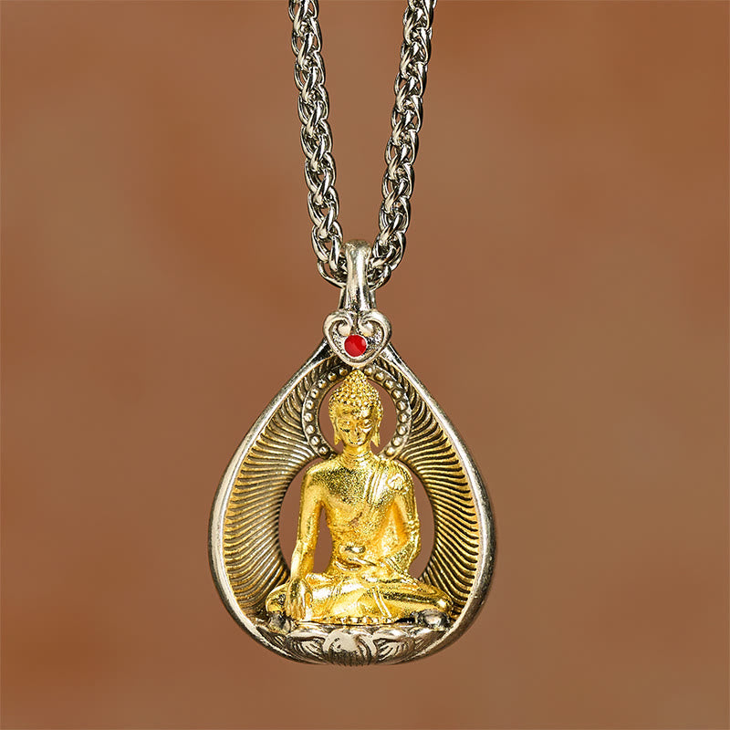 Fortune Jewel Green Tara Shakyamuni Buddha Copper Plated Silver Curb Chain Luck Pendant Necklace - Fortune Jewel