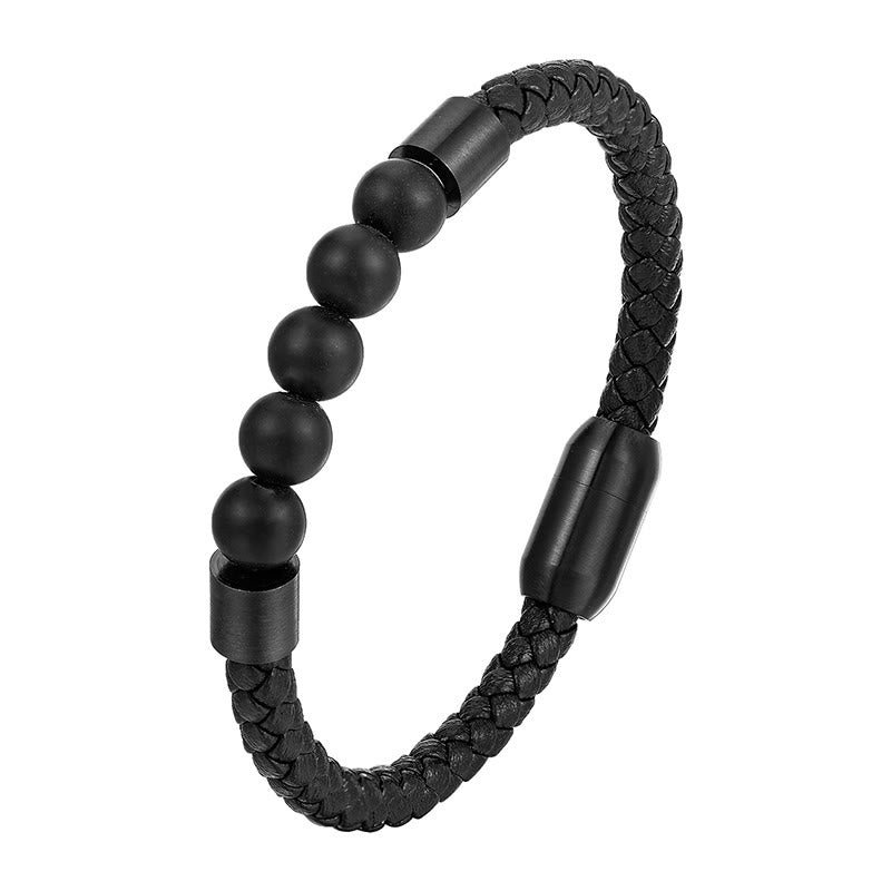 Fortune Jewel Frosted Stone Lava Rock Tiger Eye Titanium Steel Stimulation Leather Bracelet - Fortune Jewel