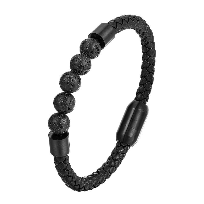 Fortune Jewel Frosted Stone Lava Rock Tiger Eye Titanium Steel Stimulation Leather Bracelet - Fortune Jewel