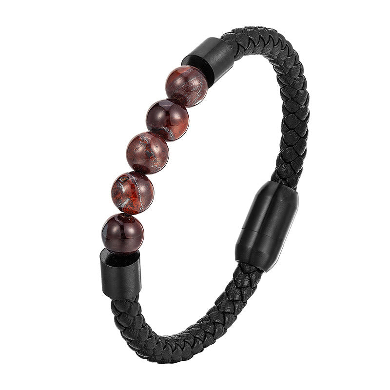 Fortune Jewel Frosted Stone Lava Rock Tiger Eye Titanium Steel Stimulation Leather Bracelet - Fortune Jewel
