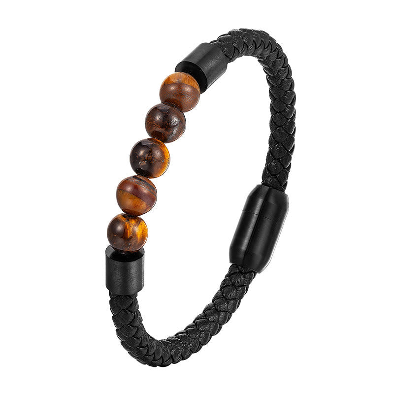 Fortune Jewel Frosted Stone Lava Rock Tiger Eye Titanium Steel Stimulation Leather Bracelet - Fortune Jewel