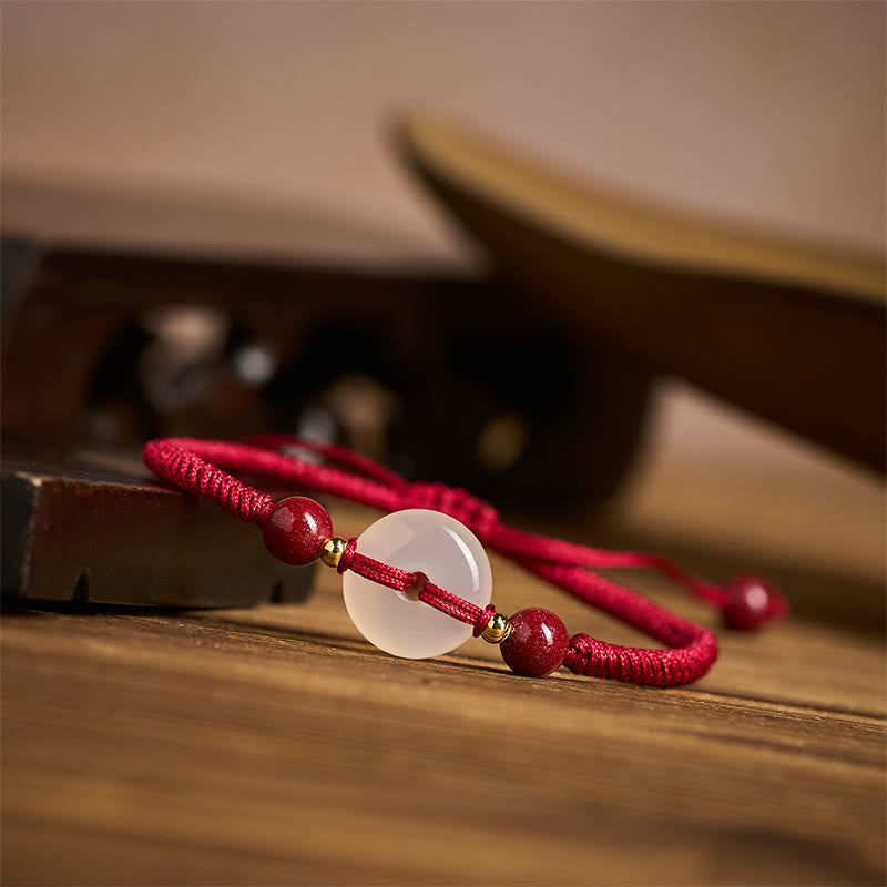 Fortune Jewel Peace Buckle White Agate Flat Knot Diamond Knot Red String Connection Bracelet - Fortune Jewel
