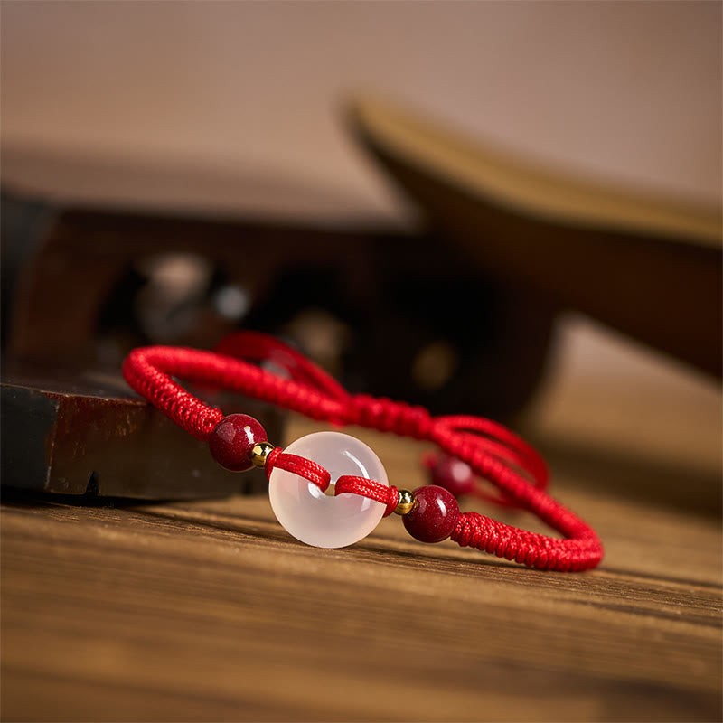 Fortune Jewel Peace Buckle White Agate Flat Knot Diamond Knot Red String Connection Bracelet - Fortune Jewel