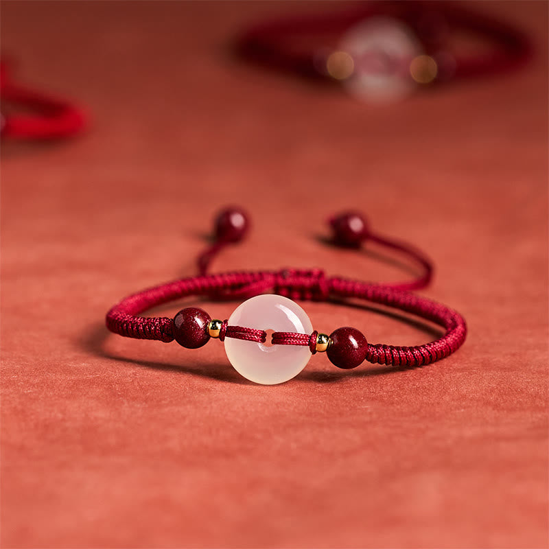 Fortune Jewel Peace Buckle White Agate Flat Knot Diamond Knot Red String Connection Bracelet - Fortune Jewel