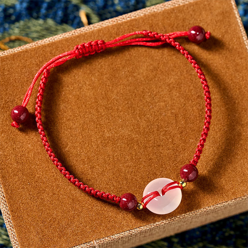 Fortune Jewel Peace Buckle White Agate Flat Knot Diamond Knot Red String Connection Bracelet - Fortune Jewel