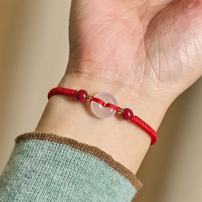 Fortune Jewel Peace Buckle White Agate Flat Knot Diamond Knot Red String Connection Bracelet - Fortune Jewel