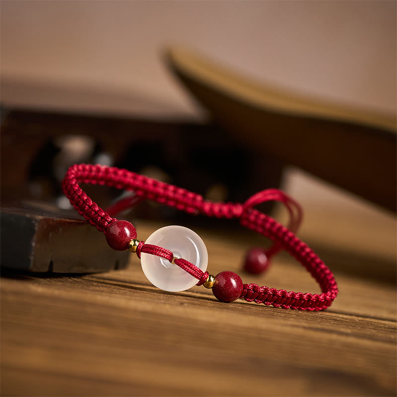 Fortune Jewel Peace Buckle White Agate Flat Knot Diamond Knot Red String Connection Bracelet - Fortune Jewel