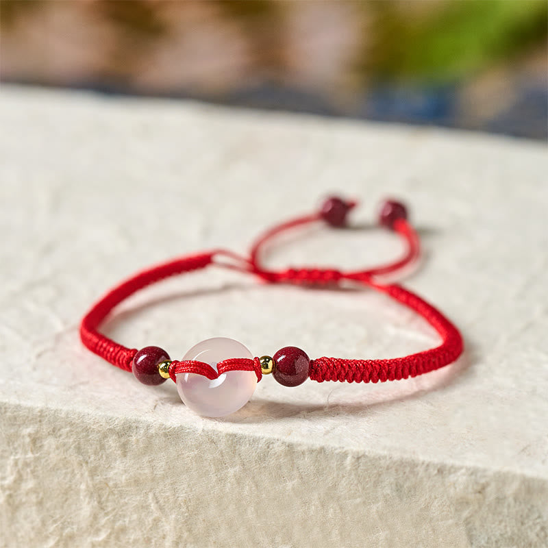 Fortune Jewel Peace Buckle White Agate Flat Knot Diamond Knot Red String Connection Bracelet - Fortune Jewel