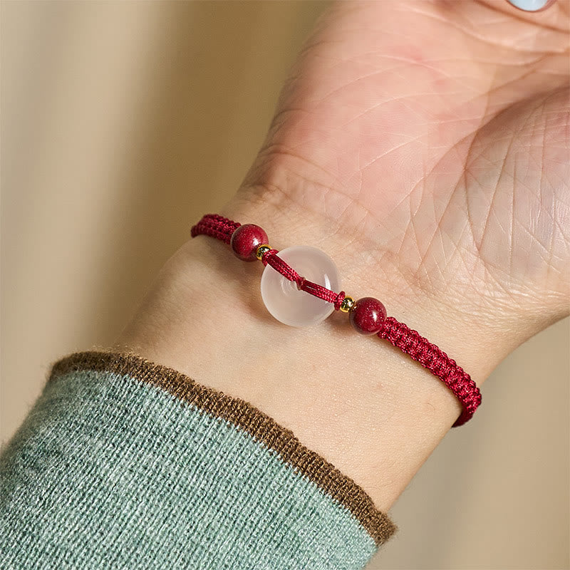 Fortune Jewel Peace Buckle White Agate Flat Knot Diamond Knot Red String Connection Bracelet - Fortune Jewel