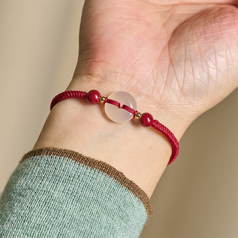 Fortune Jewel Peace Buckle White Agate Flat Knot Diamond Knot Red String Connection Bracelet - Fortune Jewel