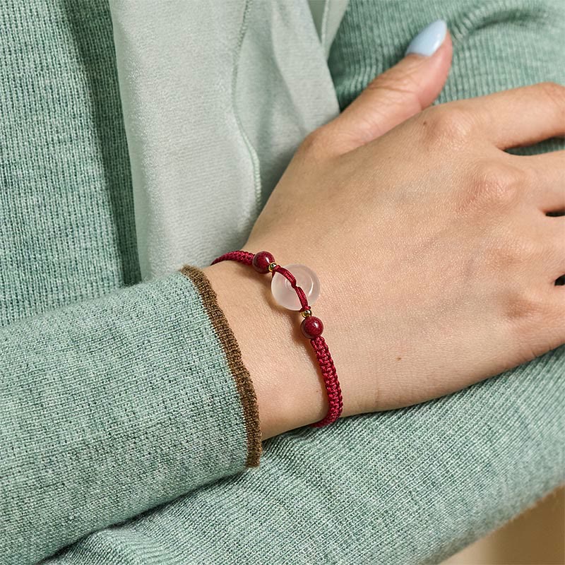 Fortune Jewel Peace Buckle White Agate Flat Knot Diamond Knot Red String Connection Bracelet - Fortune Jewel