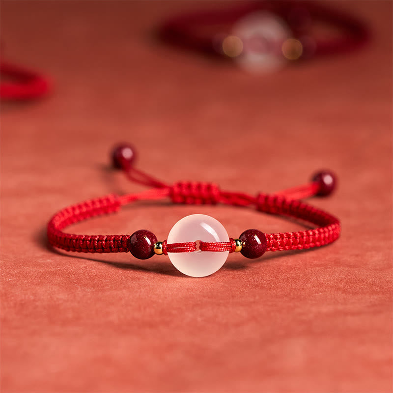 Fortune Jewel Peace Buckle White Agate Flat Knot Diamond Knot Red String Connection Bracelet - Fortune Jewel
