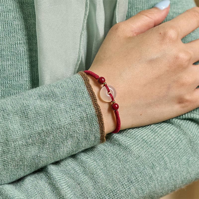 Fortune Jewel Peace Buckle White Agate Flat Knot Diamond Knot Red String Connection Bracelet - Fortune Jewel