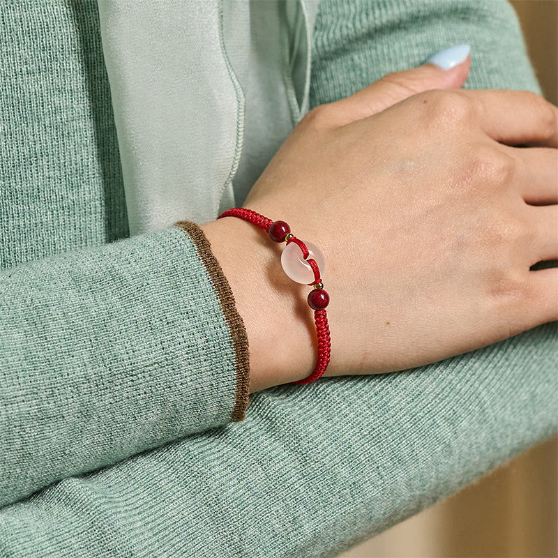 Fortune Jewel Peace Buckle White Agate Flat Knot Diamond Knot Red String Connection Bracelet - Fortune Jewel