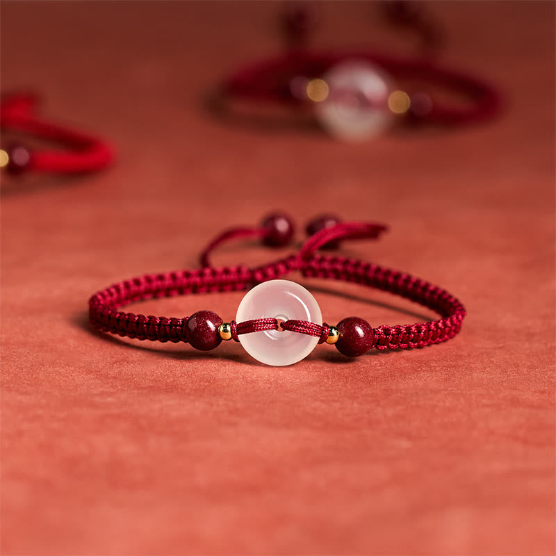 Fortune Jewel Peace Buckle White Agate Flat Knot Diamond Knot Red String Connection Bracelet - Fortune Jewel