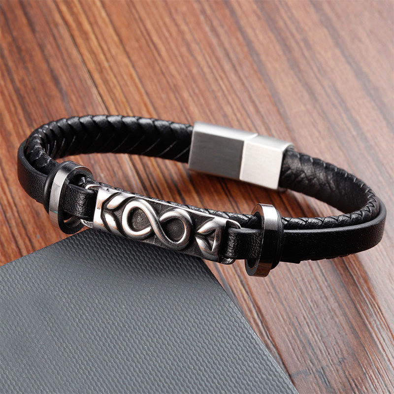 Fortune Jewel Titanium Steel Balance Multi-Layered Leather Figure-Eight Bracelet - Fortune Jewel