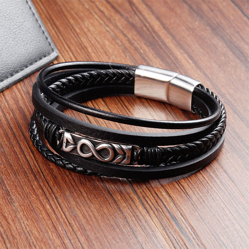 Fortune Jewel Titanium Steel Balance Multi-Layered Leather Figure-Eight Bracelet - Fortune Jewel