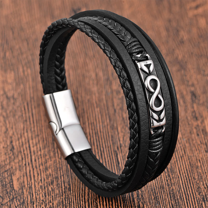 Fortune Jewel Titanium Steel Balance Multi-Layered Leather Figure-Eight Bracelet - Fortune Jewel