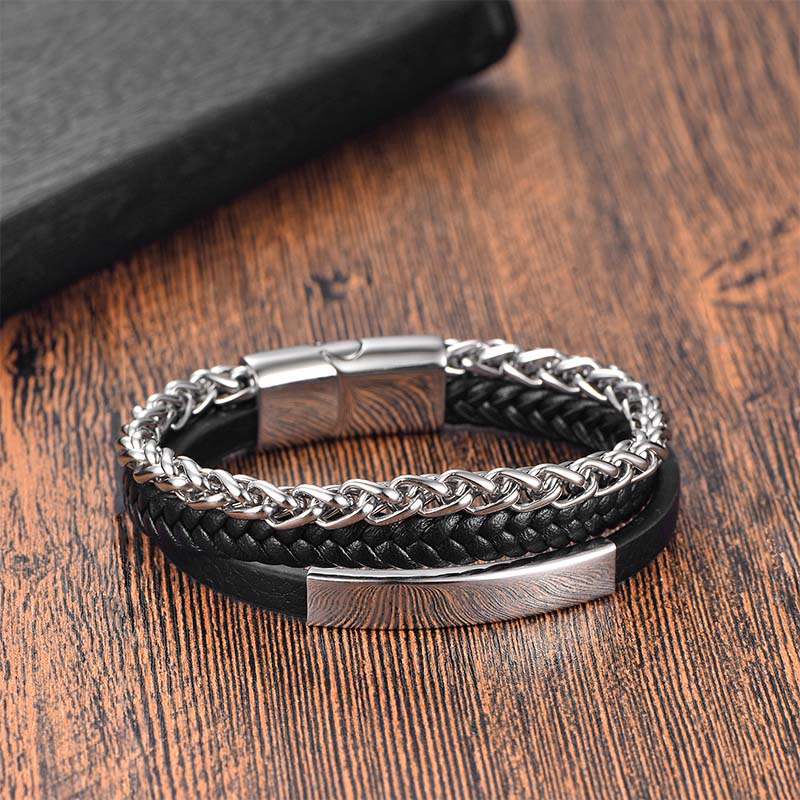 Fortune Jewel Titanium Steel Balance Calm Leather Woven Bracelet - Fortune Jewel