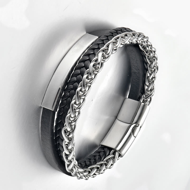 Fortune Jewel Titanium Steel Balance Calm Leather Woven Bracelet - Fortune Jewel